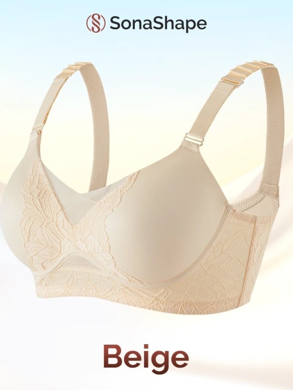 SonaShape Light Beige Floral Lace Wireless Full Coverage Bra – XL – New